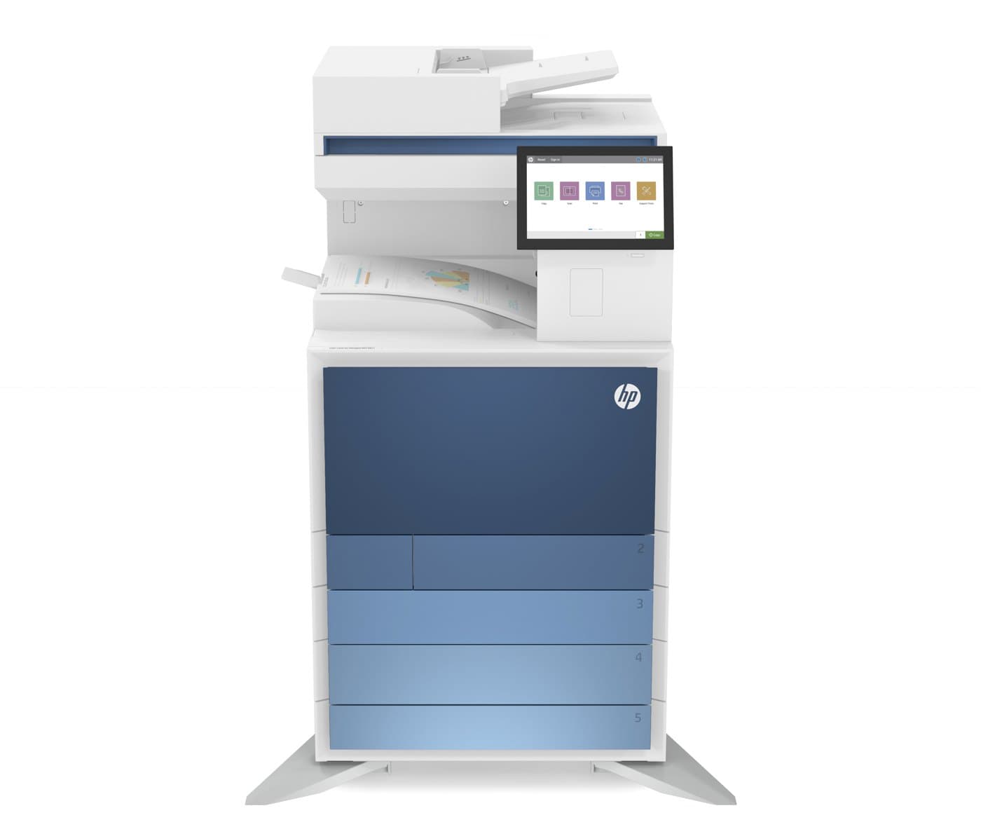 HP Color LaserJet Managed MFP E877dn on a paper tray stand