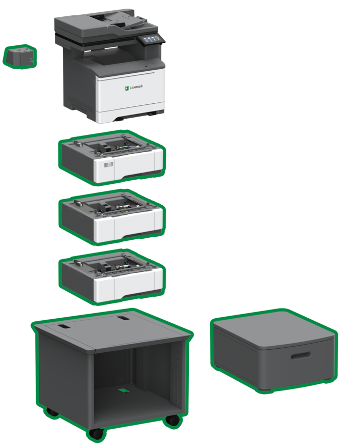 Lexmark XC2335 with optional trays, stand and stapler