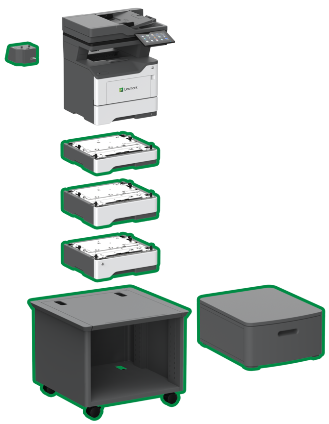 Lexmark XM3350 with optional trays, stand and stapler